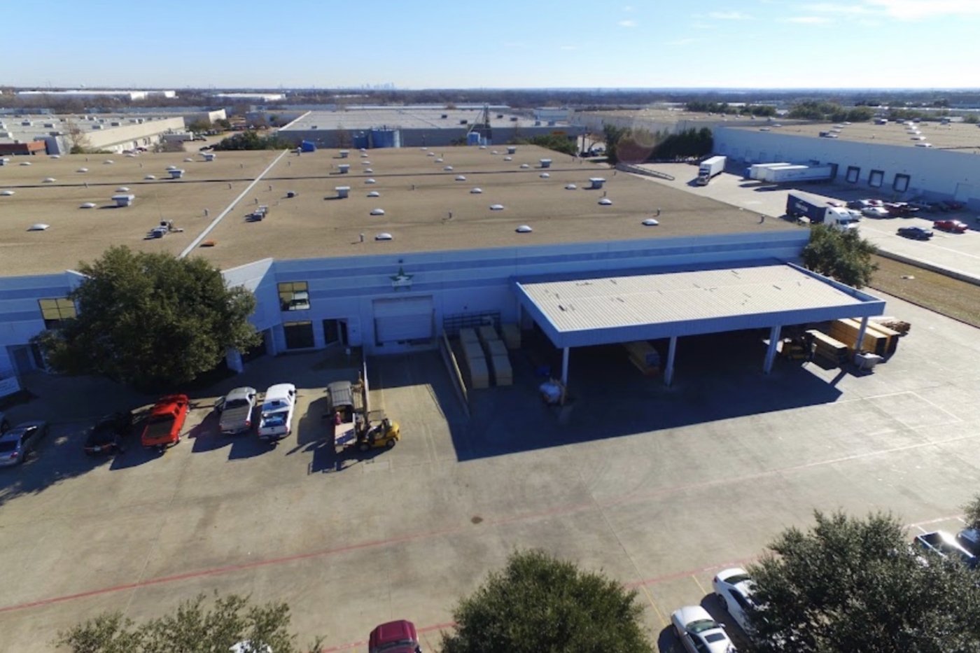 Aerial view of the Brazos Forest Products distribution warehouse